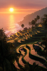 Tropical Rice Terraces at Sunset with Ocean Horizon and Palm Trees