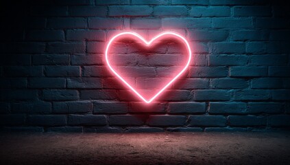 The neon heart illumination shines on a dark, rough background, and a vivid pink heart‑shaped glow decorates the wall, representing a romantic design that signifies love and Valentine’s Day