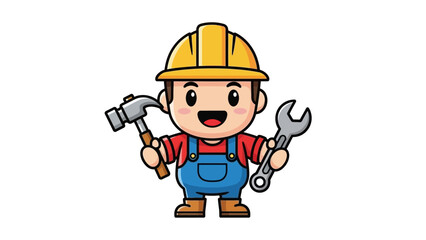 Cartoon Construction Worker with Tools.