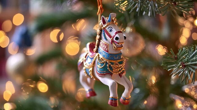 Wooden Nutcracker horse Christmas Ornament on Festive Tree