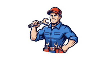 Handyman Holding Spanner Wrench Toolbelt.