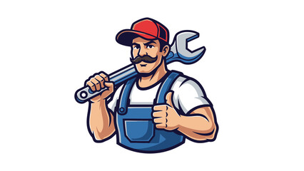 Handyman holding wrench giving thumbs up.
