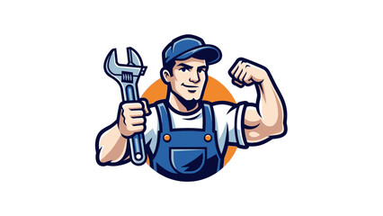 Mechanic Cartoon Character Flexing with Wrench.