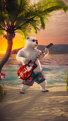 Romantic Polar Bears on Tropical Beach: Hawaiian Sunset Party with Guitar & Hula Dance. Perfect for Vacation, Love, Valentine's Day.