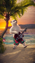 3D Render of Romantic Polar Bears on Tropical Beach: Hawaiian Sunset Party with Guitar & Hula Dance. Perfect for Vacation, Love, Valentine's Day.