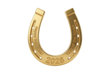golden horseshoe 2026, Chinese New Year, lucky charm with engraved text 3d illustration