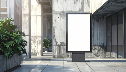 Blank white vertical billboard mockup on city street near modern concrete building with green plants in morning sunlight, concept of outdoor advertising and urban marketing