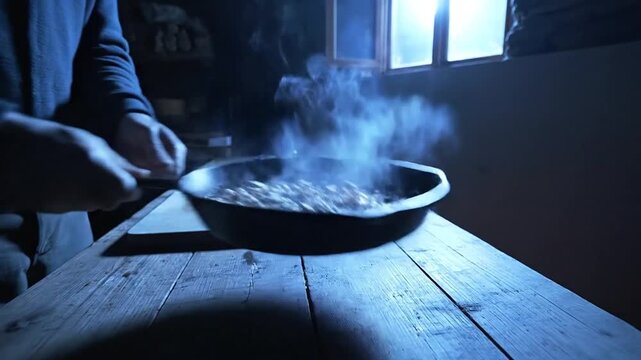 Hands prepare food in rustic kitchen with steam rising from pan over firelight