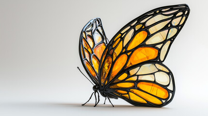 Amber stained glass butterfly sculpture on light background, elegant decorative art and nature inspiration with copy space.