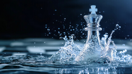 Transparent glass chess king splashing through water, strategy, leadership and power concept on dark background with copy space.