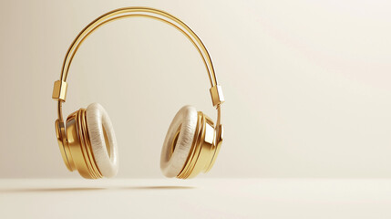 Luxury golden headphones floating on soft neutral background, premium audio and modern technology concept with copy space.