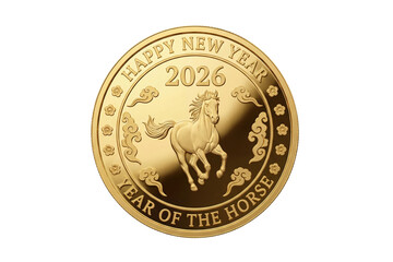 golden coin 2026 Chinese New Year, horse zodiac 3d illustration