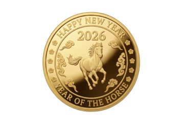 golden coin 2026 Chinese New Year, horse zodiac 3d illustration