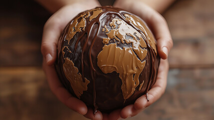 Hands holding chocolate globe shaped like planet earth, responsibility for the future and sustainability concept.