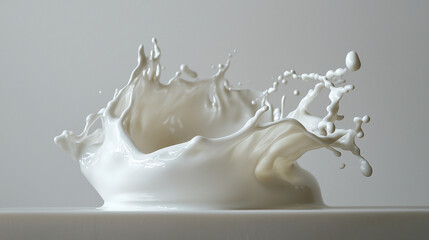 Dynamic milk splash frozen in motion on clean neutral background, dairy freshness concept with copy space.