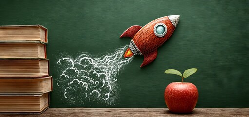On the blackboard, two rockets launch, while colorful books and pencils sit on a wooden desk with a red apple; the image conveys the start of a new academic term, learning, inventive ideas, and the