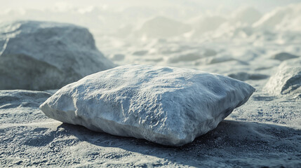 Smooth white stone resting on rocky surface in a misty landscape, minimal natural concept with copy space.