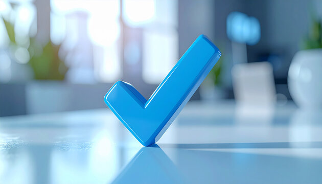 Blue check mark symbol, approval icon, approved or correct. Modern office, light background
