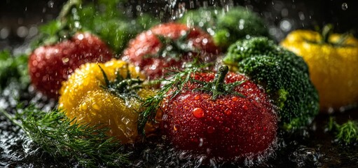 Close-Up Of Fresh Vegetables Being Rinsed With Water Including Tomatoes, Broccoli, And Dill With Droplets Highlighting Texture