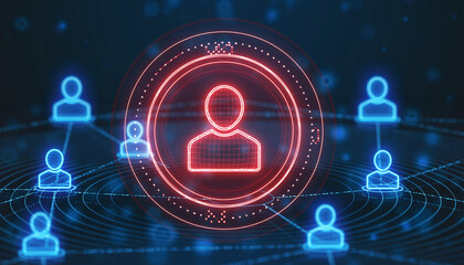 Network of people with a central figure, connected by lines and shapes on a blue background. The central figure is highlighted with a red outline