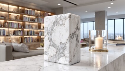 The modern restaurant's marble bar counter holds a blank white menu card; behind it, soft warm lights shine on the shelves, empty glasses sit nearby, and a plant provides a natural touch