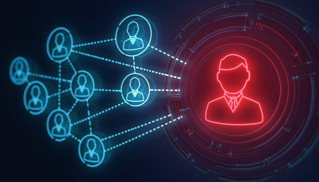 Network of connected people, symbolizing digital connections and security concerns. A glowing red profile signifies a security breach or central point.