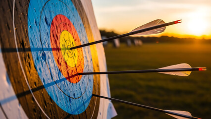 Archery target with three arrows hitting the bullseye at sunset outdoors with accuracy and precision and sport and nature and recreation and leisure