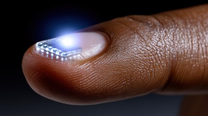 Fototapeta premium Futuristic Microchip Glowing on a Human Fingernail