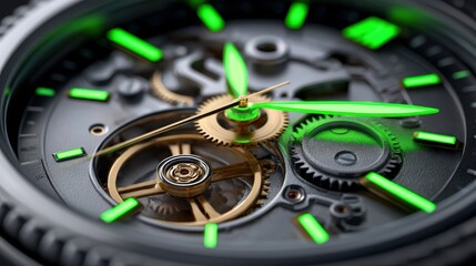 Macro View of Luxury Skeleton Watch with Green Luminous Accents
