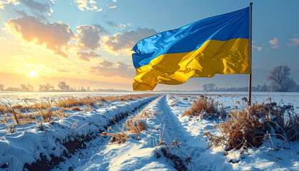 Ukrainian flag flying over a snowy field at sunset