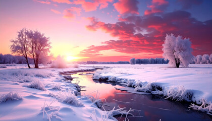 Ethereal winter landscape with vibrant sunset and frozen river