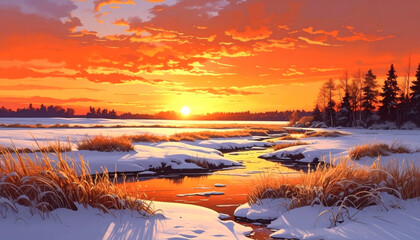 Vibrant winter sunset over a serene snowy river