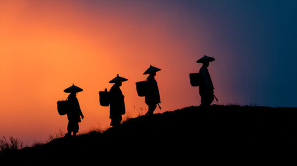 Silhouette of Ancient Chinese Farmers Carrying Bags on a Hill at Sunset