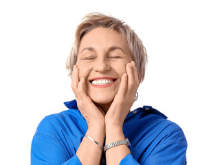 Happy mature woman with short hair in blue shirt on white background, closeup