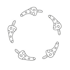 Cute round frame with hand drawn outline fly agaric amanita mushrooms isolated on white background. Autumn circle composition.