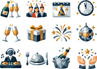Corporate Holiday Icons. Corporate New Year party and team celebration represented through a professional low-poly vector icon set