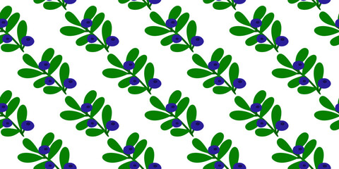 Minimalist seamless pattern with flat blueberry twigs on white background. Simple forest backdrop.