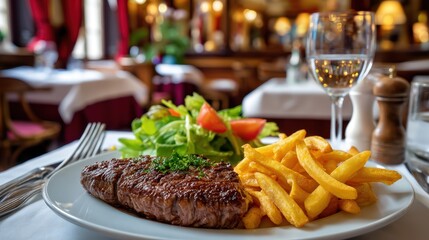 Juicy Grilled Steak with Golden French Fries and Fresh Green Salad