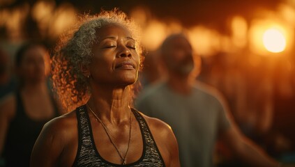 In the park, a cheerful older woman leads a group stretch, as energetic seniors work out together, enjoying a fitness session, bright sunlight, and social connection