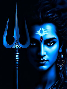 Artistic blue face portrait of lord shiva with large trident in foreground for spiritual mahadev and mahashiv ratri background