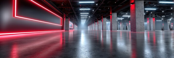 Futuristic Empty Industrial Warehouse with Red Neon Lighting