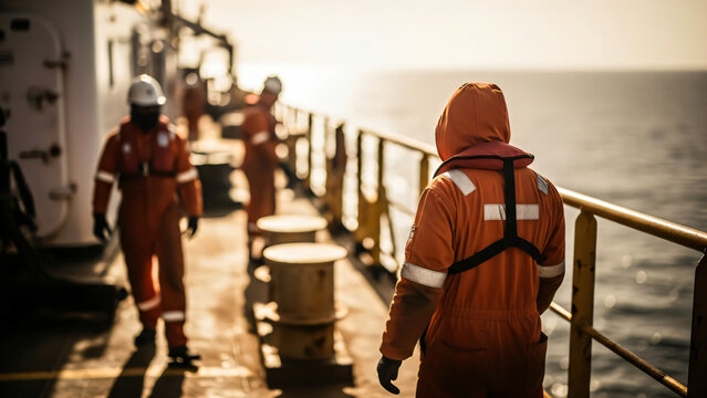 A medium-close, eye-level shot captures several maritime or oil rig workers, all dressed in orange coveralls with reflective stripes, walking along a sunny deck of a vessel or offshore platform.