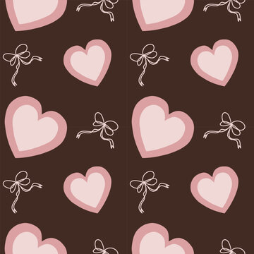 Seamless vector pattern with pink hearts and line-art bows on a dark chocolate background. Symbolizing coquette romance, dark aesthetic love, and sweet affection.