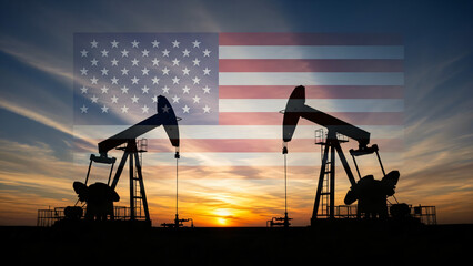 A wide-shot photograph features the silhouette of two oil pumpjacks set against a dramatic sunset sky, with a translucent overlay of the American flag superimposed.