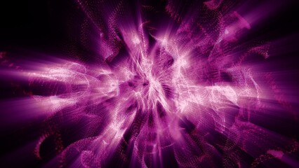 Abstract background of purple pink moving flying small wave particles from smoke with glow and blur effect of exploding sphere