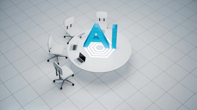 Futuristic business meeting setup featuring artificial intelligence technology.
Animation of the emerging artificial intelligence symbol that is replacing corporate jobs.