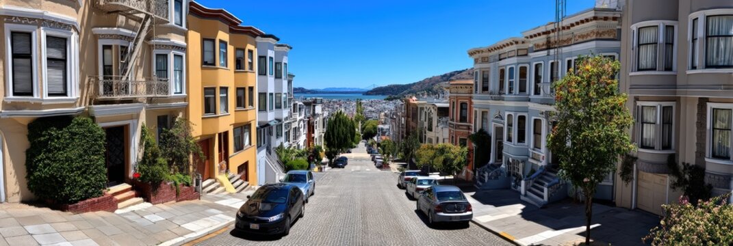 Steep San Francisco Street View with Victorian Houses and Bay View