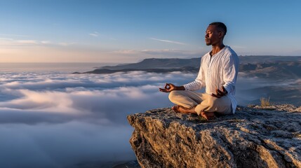 Naklejka premium Man Meditating on a Mountain Peak Above the Clouds at Sunset