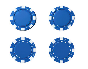 set of blue poker chips, white background