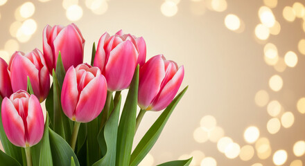 Obraz premium Elegant pink tulips on a beige bokeh background, perfect for mother's day posts, classy greetings, and professional designs